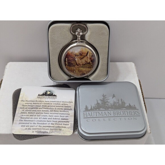 Hautman Brothers Collection Avon Hunters Deer Pocket Watch w/Tin And Chain New - Picture 2 of 8